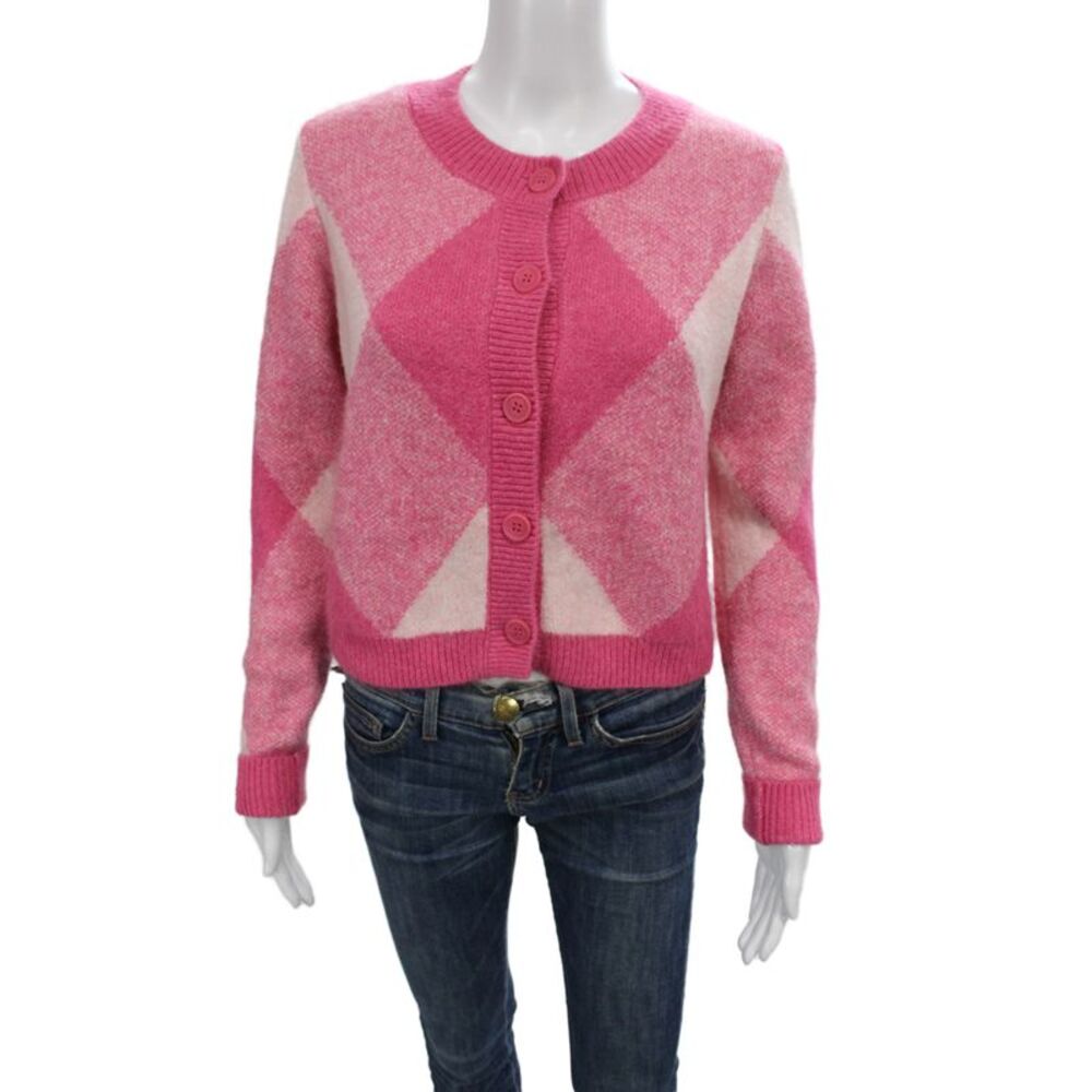 Zara Womens Cardigan Argyle Pink Long Sleeve Preppy Size M